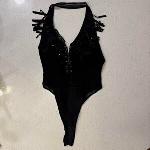Don’t Stop Black Faux Leather Fringe Western Bodysuit Festival Rodeo Country